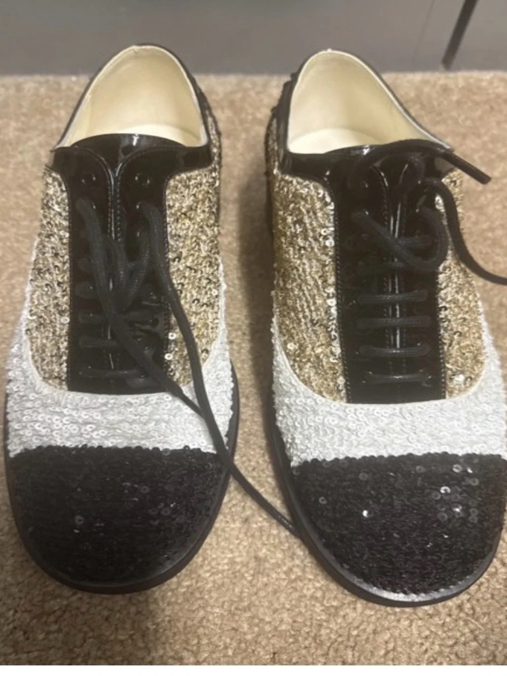 Chanel CC Sequined Colorblock Lace-Up Women's Sneakers in Black, White & Gold